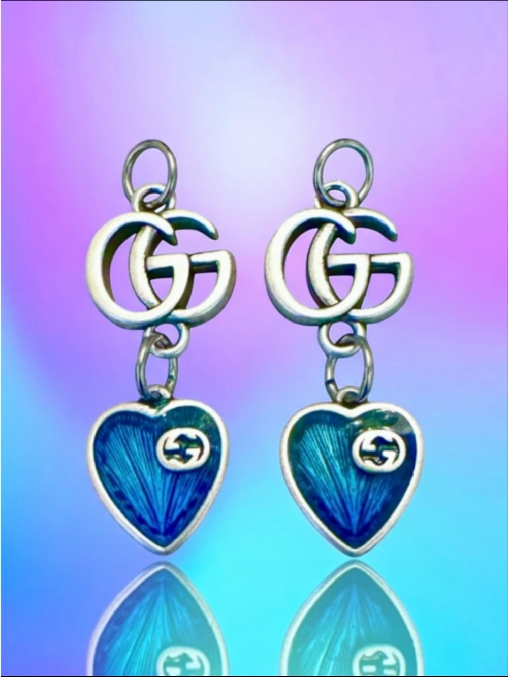 💗VINTAGE GUCCI 2-Piece Interlocking Gs & Bright Blue Heart Silver-Tone Hardware